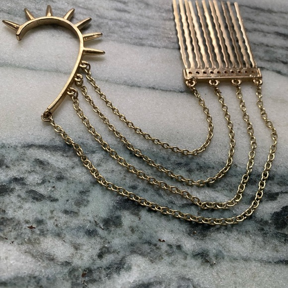NWOT gold (color) spiked ear cuff hook 4 strands chain with attached hair comb - Picture 3 of 7